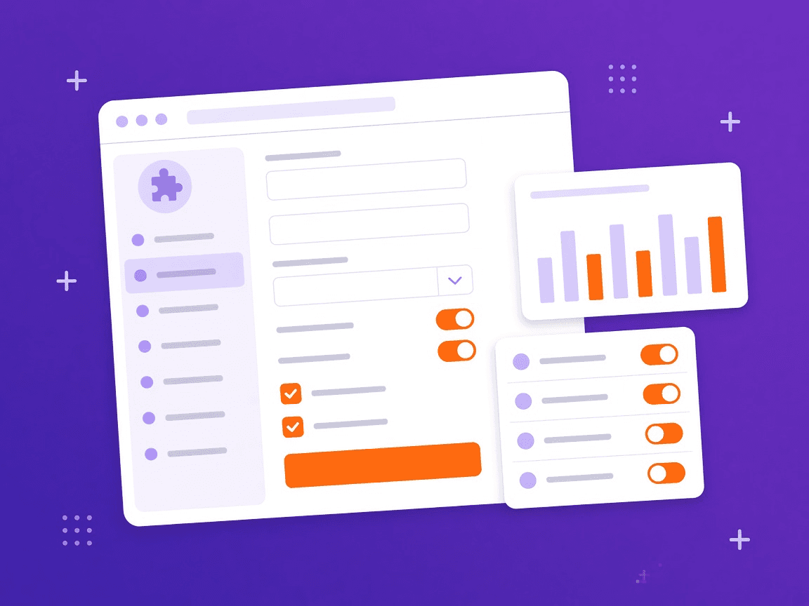 Illustration of a plugin settings screen with toggles, forms and panels