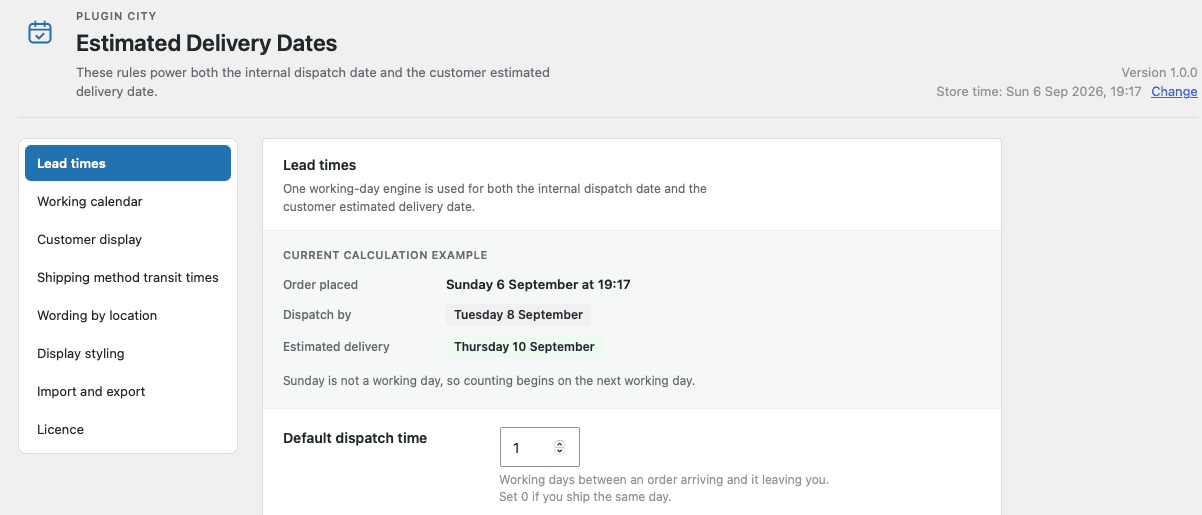 One working-day engine produces both dates: the internal dispatch date your team works to, and the estimated delivery date your customer sees.